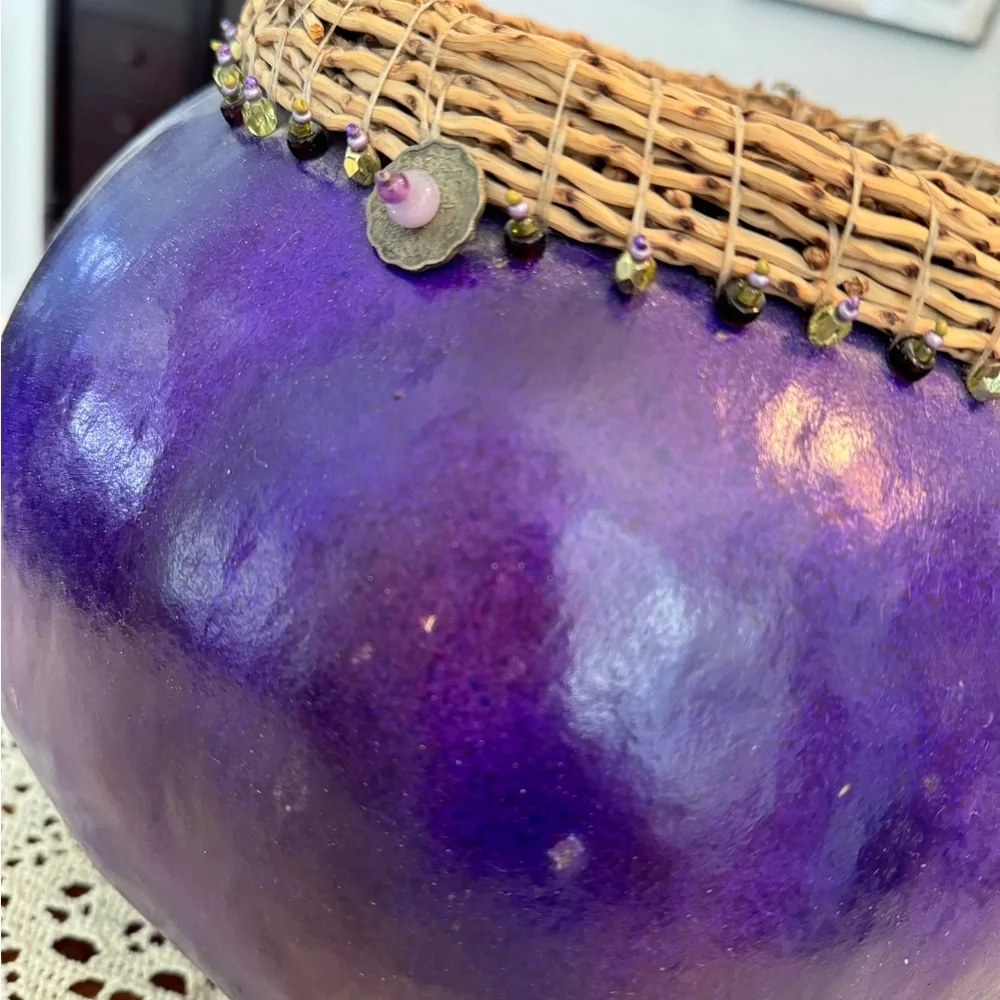Handmade Gourd Art Bowl/Vase Purple Black Tabletop Decor